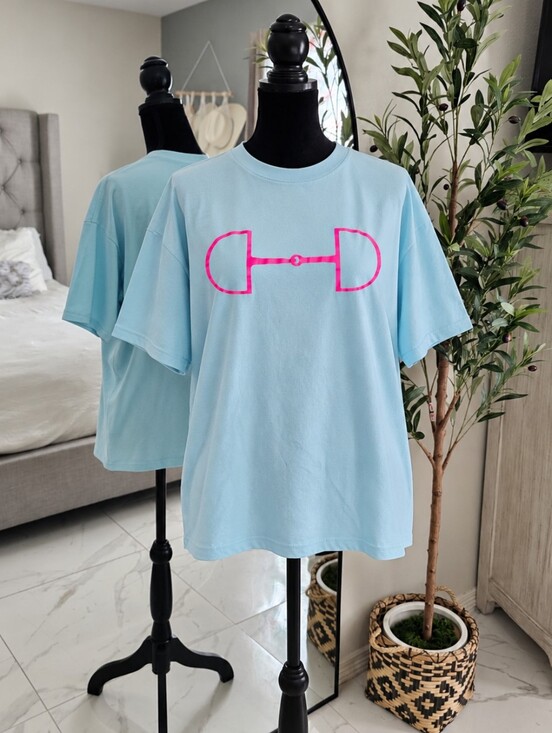 George Tops - Light Blue Graphic Tee with Pink Bit Design